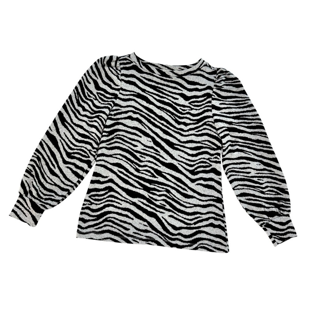 Zebra Print Long Sleeve Gray & Black Sweater Top Balloon Sleeves Size S EUC